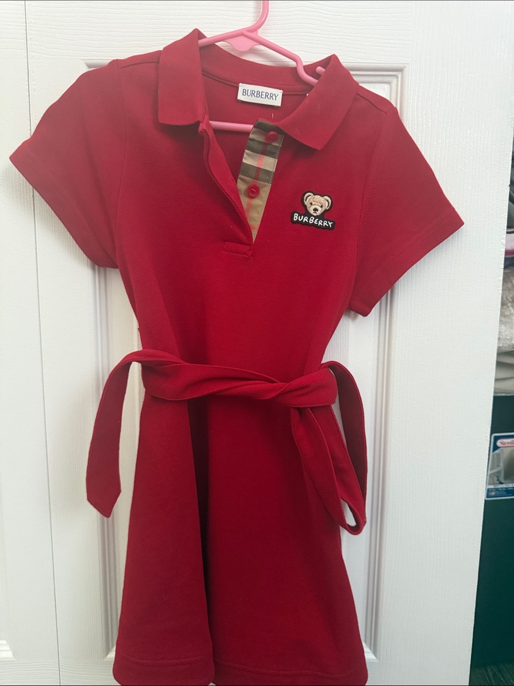 Burberry Girls' Red Polo Dress with Check Placket and Bear Patch